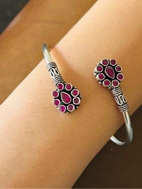 Vintage Sterling Silver Open Cuff Bracelet with ruby Stone.